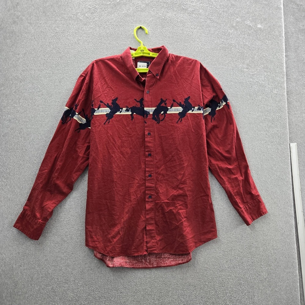 VINTAGE Roper Men Button Up Shirt L Red Made In USA 90s Cowboys Horses Western